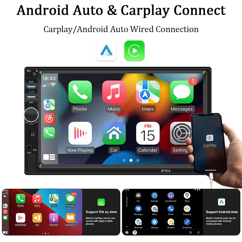 7“ Car Radio 1 Din Multimedia Player Support Carplay Android Auto HD Touch Screen FM AUX Input BT Mirror Link TF Card