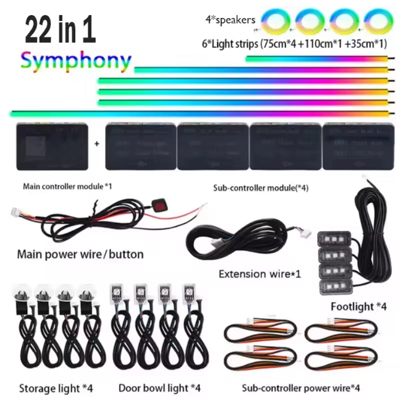 18/22 in 1 Car Hidden Ambient Light Neon Symphony RGB Rainbow Backlight Smoke Matt Black Acrylic Ambient Matt Lamp 12V Dual Zone