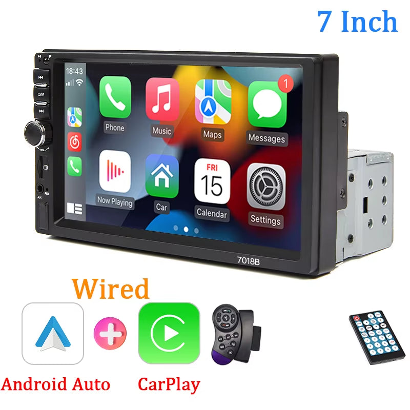 7“ Car Radio 1 Din Multimedia Player Support Carplay Android Auto HD Touch Screen FM AUX Input BT Mirror Link TF Card