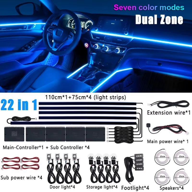 18/22 in 1 Car Hidden Ambient Light Neon Symphony RGB Rainbow Backlight Smoke Matt Black Acrylic Ambient Matt Lamp 12V Dual Zone