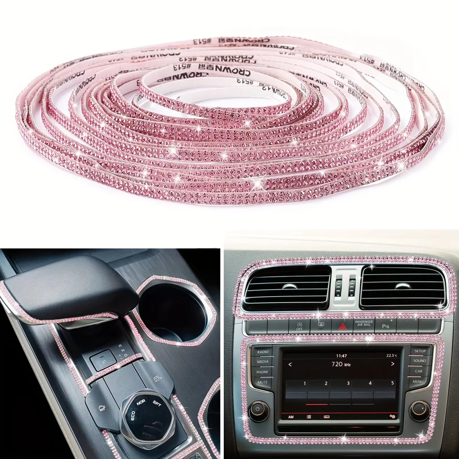 Pink Bling Car Trim Self-Adhesive 16.4Ft Rhinestone Car Interior Accessories for Women Car Crystal Door Stickers Car Dashboard S