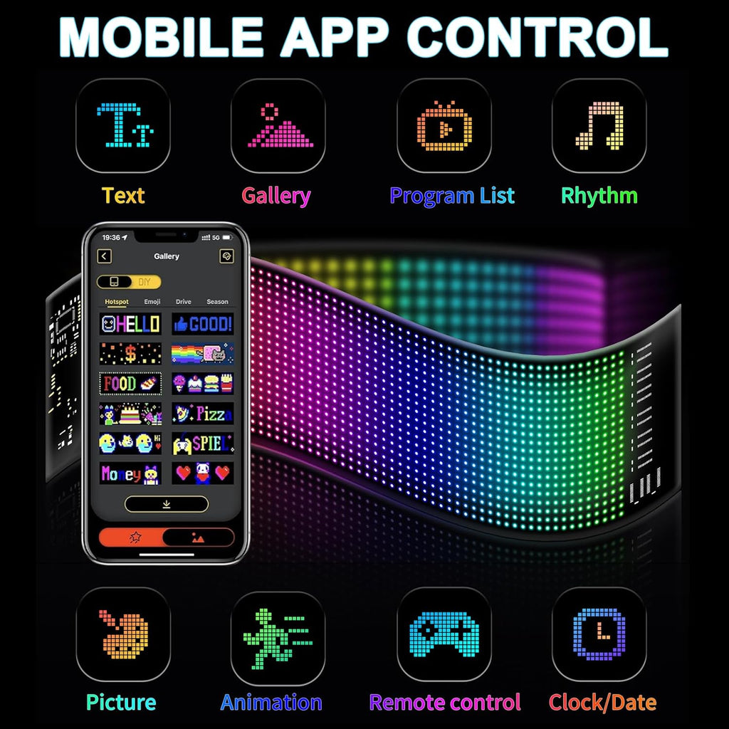 17X7 CM Car LED Sign - Bluetooth App/Remote Control Flexible Programmable Car LED Interior Lights, USB 5V Cars Custom Text Pattern Display Board Matrix Panel, Cars Gadgets Men/Bar Party/Window/Door