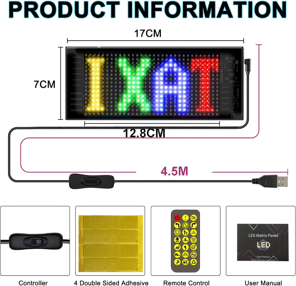 17X7 CM Car LED Sign - Bluetooth App/Remote Control Flexible Programmable Car LED Interior Lights, USB 5V Cars Custom Text Pattern Display Board Matrix Panel, Cars Gadgets Men/Bar Party/Window/Door