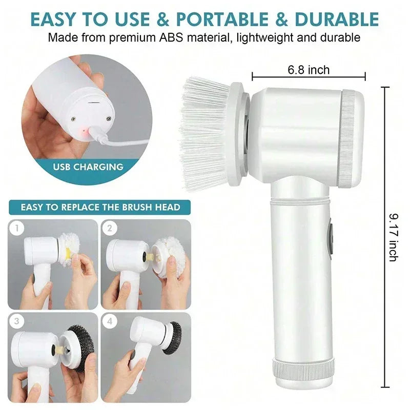 Electric Scrubber with 5 Replaceable Brush Heads