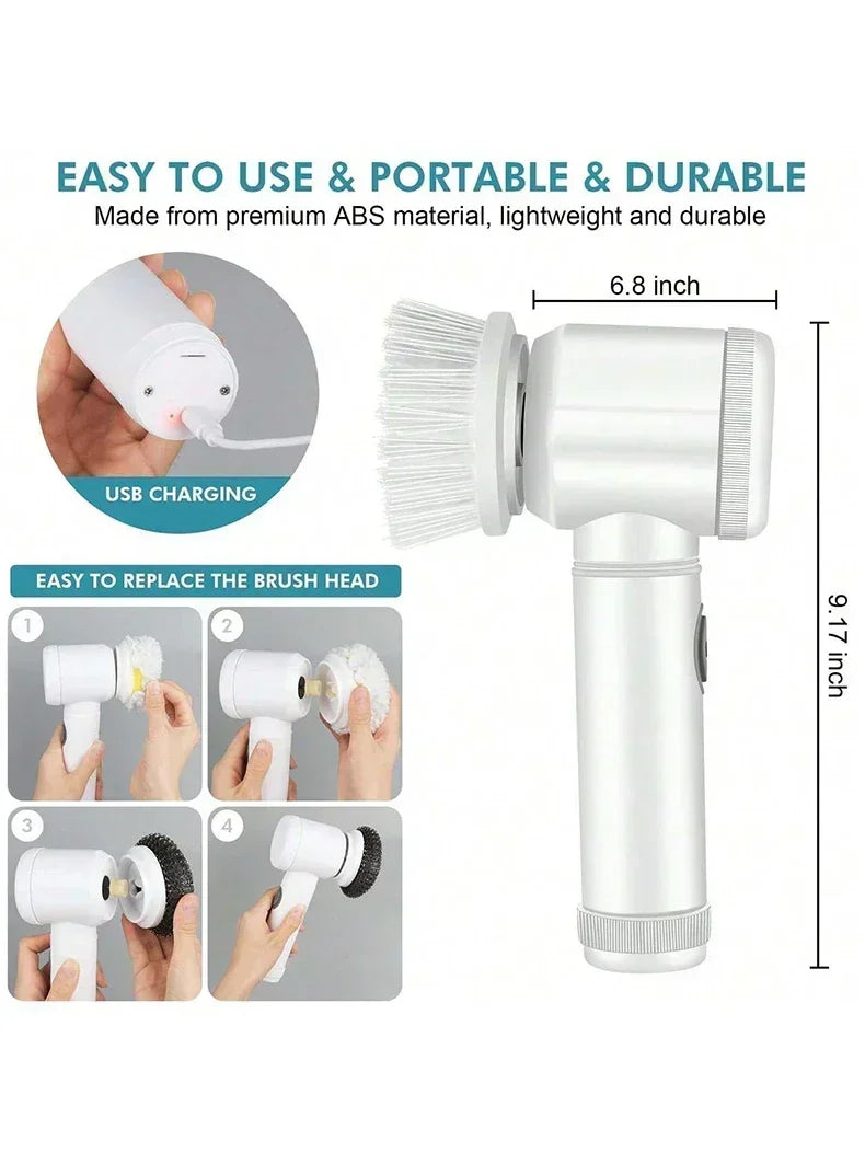 Electric Scrubber with 5 Replaceable Brush Heads