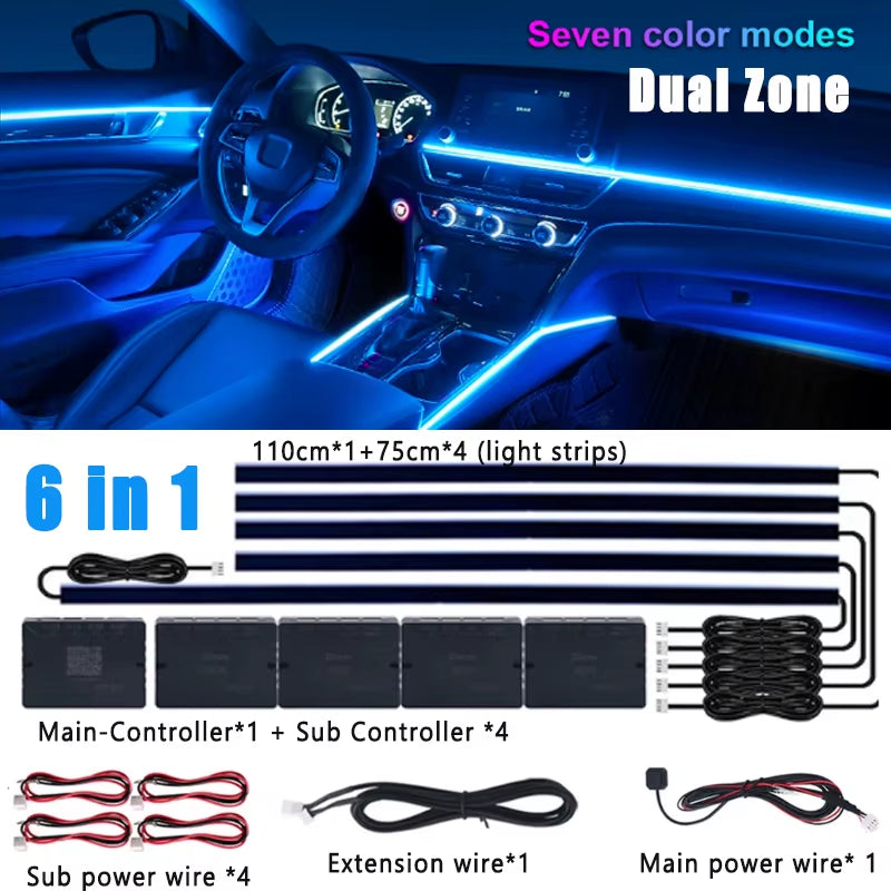 18/22 in 1 Car Hidden Ambient Light Neon Symphony RGB Rainbow Backlight Smoke Matt Black Acrylic Ambient Matt Lamp 12V Dual Zone