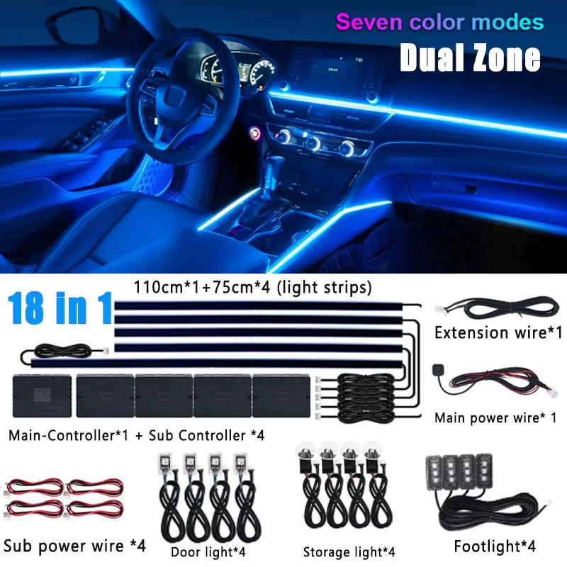 18/22 in 1 Car Hidden Ambient Light Neon Symphony RGB Rainbow Backlight Smoke Matt Black Acrylic Ambient Matt Lamp 12V Dual Zone