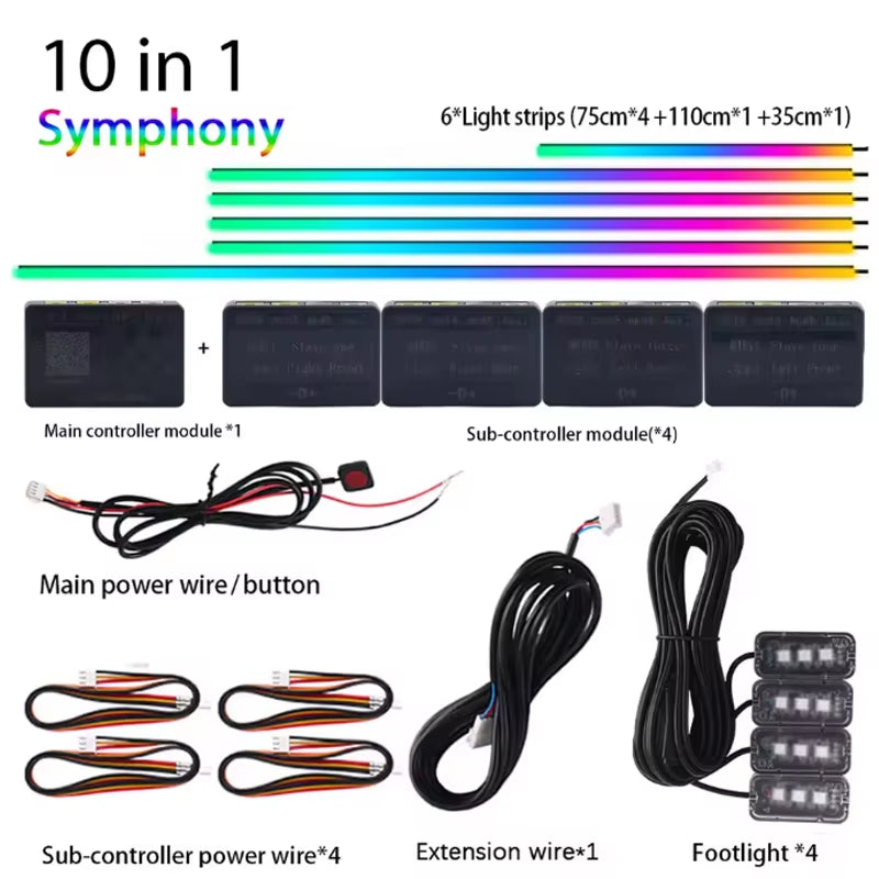 18/22 in 1 Car Hidden Ambient Light Neon Symphony RGB Rainbow Backlight Smoke Matt Black Acrylic Ambient Matt Lamp 12V Dual Zone