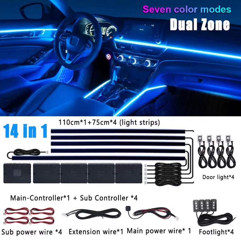 18/22 in 1 Car Hidden Ambient Light Neon Symphony RGB Rainbow Backlight Smoke Matt Black Acrylic Ambient Matt Lamp 12V Dual Zone