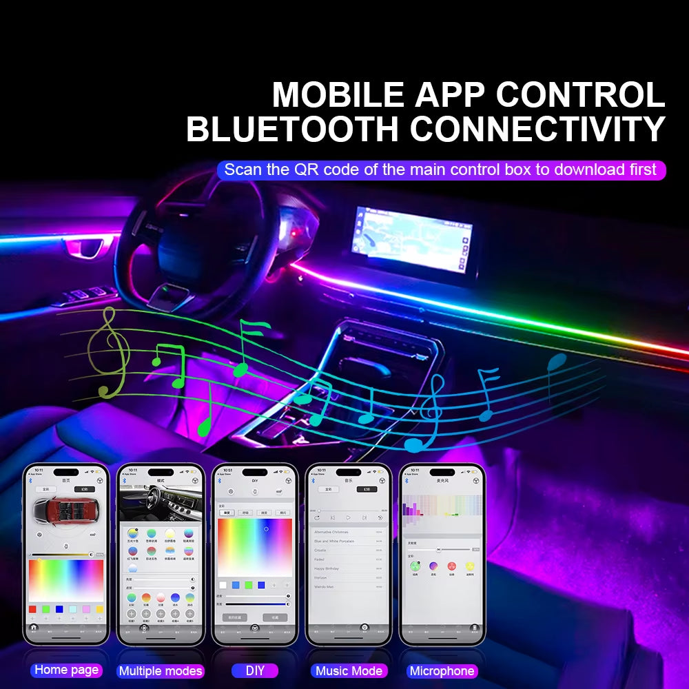 18/22 in 1 Car Hidden Ambient Light Neon Symphony RGB Rainbow Backlight Smoke Matt Black Acrylic Ambient Matt Lamp 12V Dual Zone